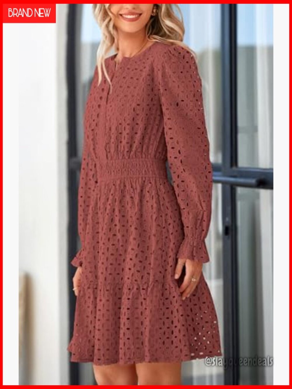 Long Sleeve Mini Dress V Neck A Line Ruffle Eyelet Casual Party - Picture 6 of 7